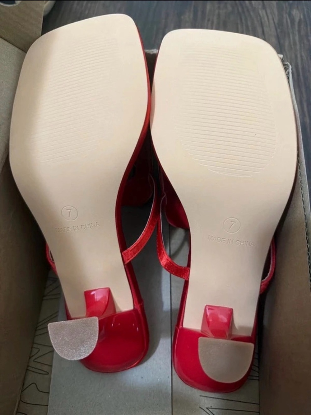 Red Satin Gold Buckle Clear Heel Mule Sandals Size 7 - Picture 5 of 5